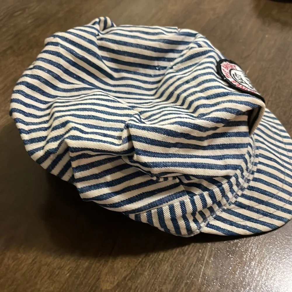 Kid’s Train Engineer Conductor Cap Hat Blue Striped Railroad vintage